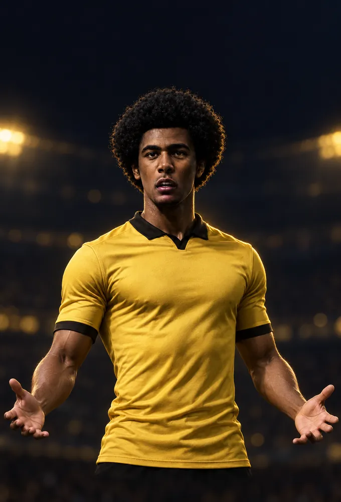 Illustrated fictional striker in a yellow shirt with his arms held out wide