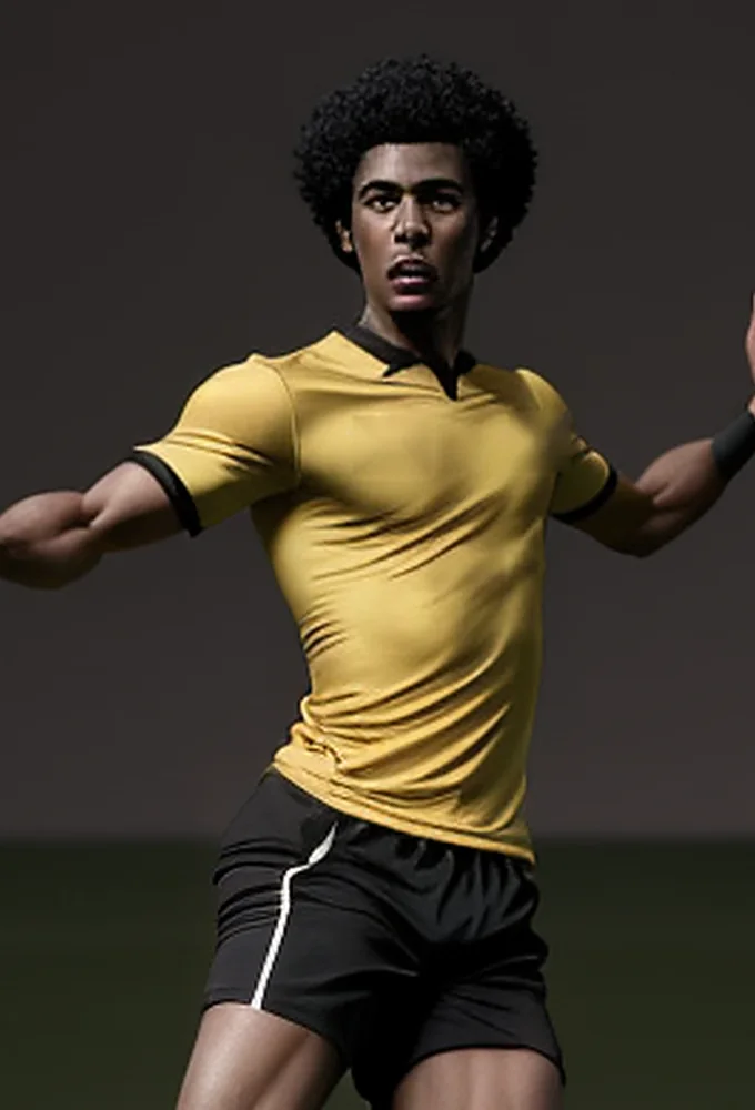 Illustrated fictional striker in a yellow shirt with his arms spread wide