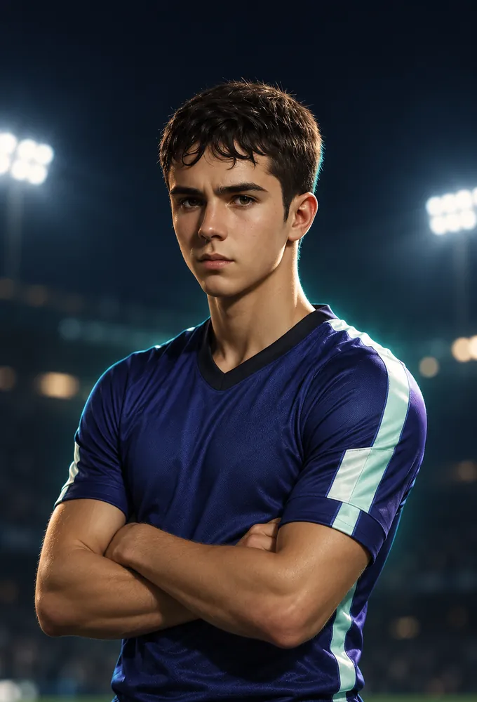 Illustrated fictional winger in a navy kit with his arms folded