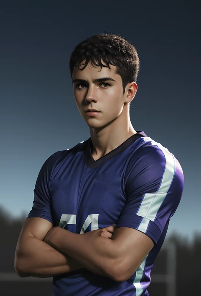 Illustrated fictional winger in a navy kit with his arms folded