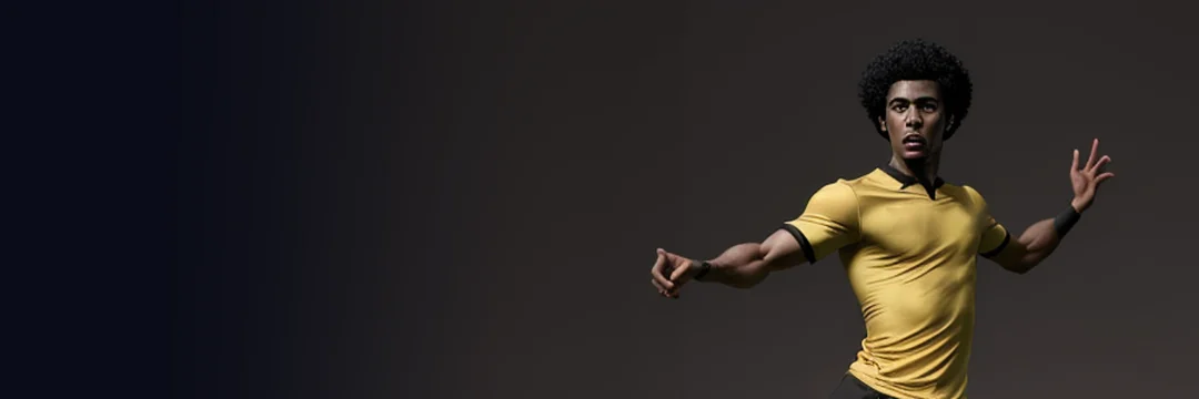 Illustrated fictional striker in a yellow shirt with his arms spread wide