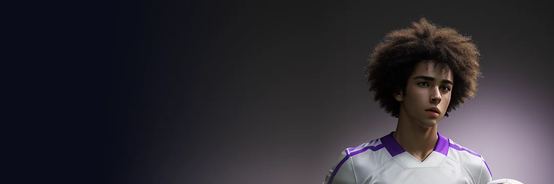 Illustrated fictional playmaker in a white and purple kit with a ball under his arm